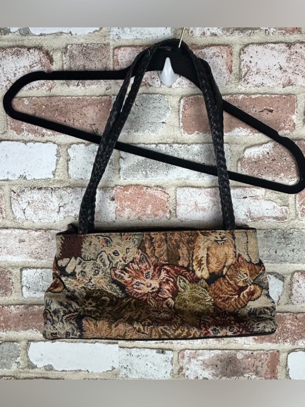 Vintage Style Cat Tapestry Tote Bag with Leather Handles Cottagecore 90s Feline